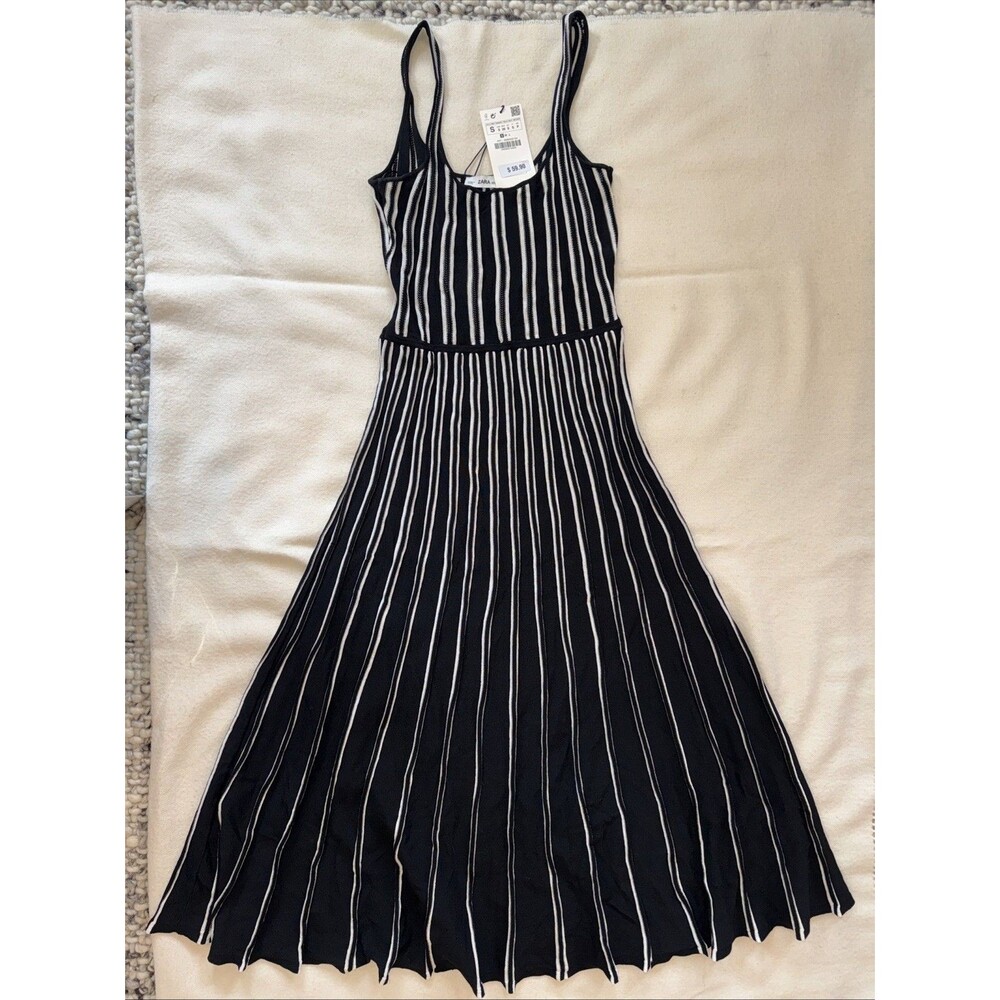 NEW Zara Knit Black and White Striped Pleated Midi Tank Dress size S